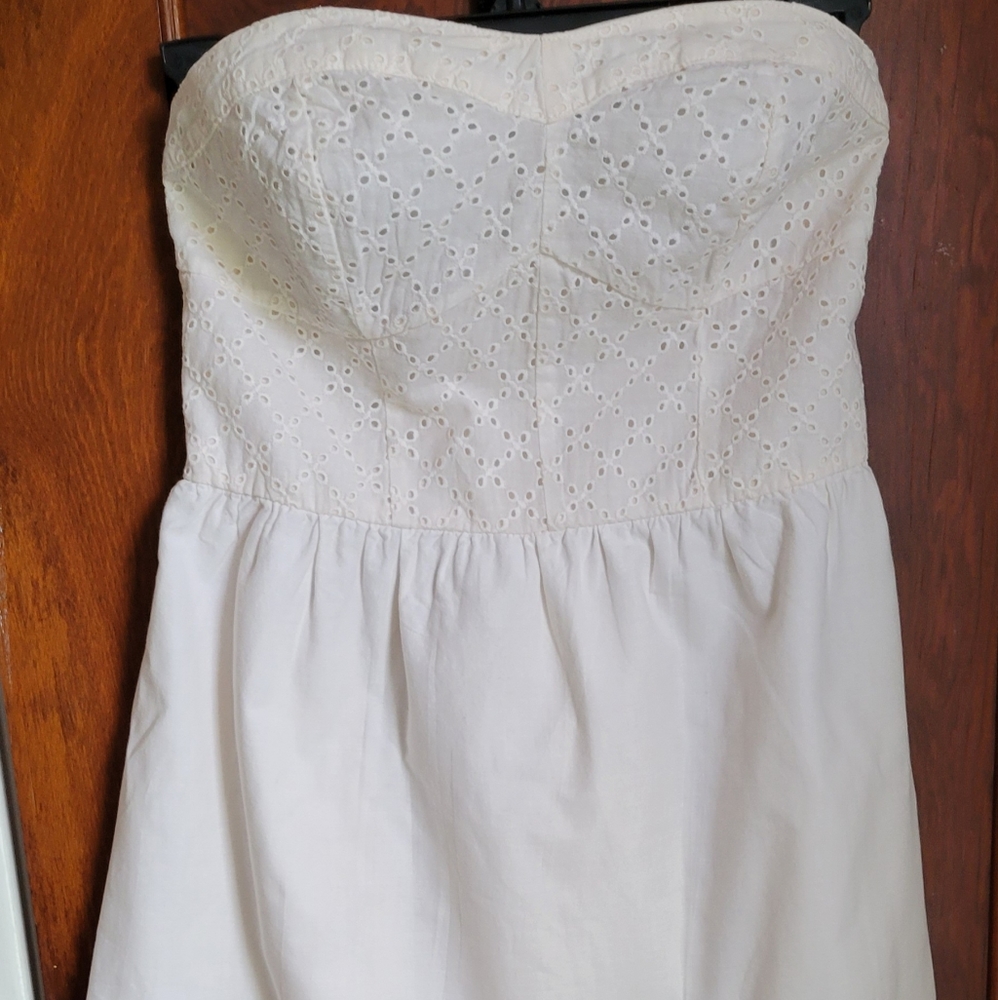 Off white, shirred frilled strapless tube dress
